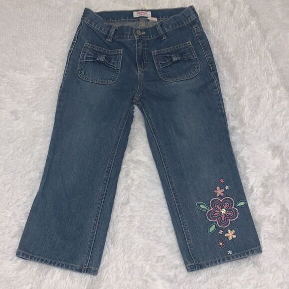 Vintage OSHKOSH Floral Embroidered Denim Jeans Girl12 Blue Cropped - Picture 1 of 14